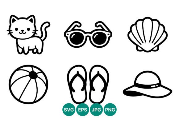 Black and White Summer Beach Icon Set