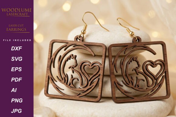 Cat Moon Heart Earrings Laser Cut SVG
