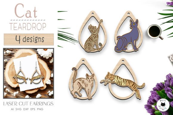 Cat Teardrop Earrings Laser Cut
