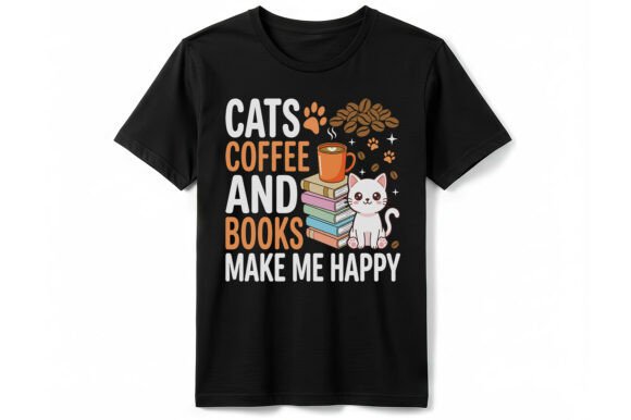 Cats Coffee and Books Happy T-Shirt