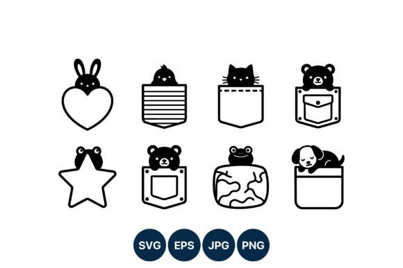 Cute Animals in Pockets Black Vector