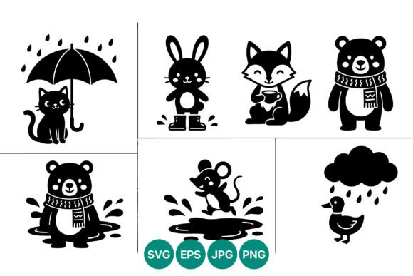Cute Animals Playing in Rain Black White