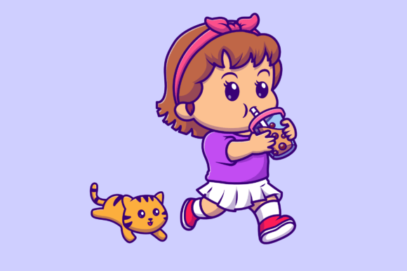 Cute Girl Drinking Boba Milk Tea Cartoon