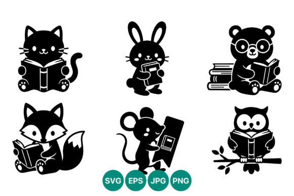 Cute Reading Animals Black White Vector