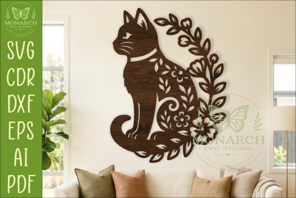Floral Cat Wall Art SVG, Cat Lover Laser